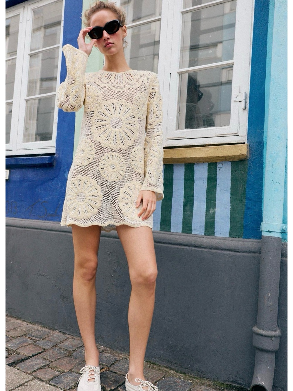 Zara Cream Crochet Mini Dress with Floral Medallions